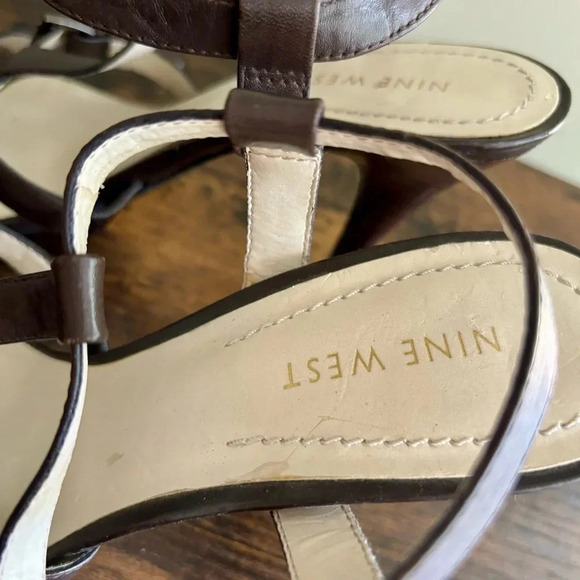 💫HP| Nine West|Dark Brown Leather Gladiator 3.5” Heel Ankle Strap Sandal Sz 7.5 - Picture 6 of 8